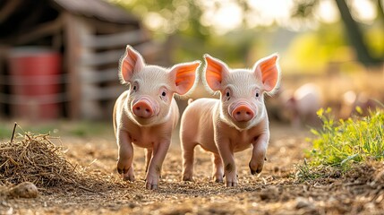 Two Piglets Walking on a Path in a Rural Setting