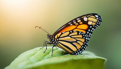 A vibrant Monarch butterfly perched delicately on a green leaf, showcasing stunning orange and black wings against a soft backdrop.