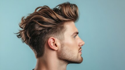 Fototapeta premium A side view of a man with a textured quiff hairstyle, showing off the volume and natural flow of the hair, styled to perfection.