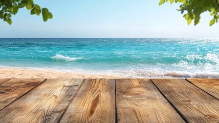 Fototapeta premium Wooden Plank Beach Background with Blue Ocean and Waves