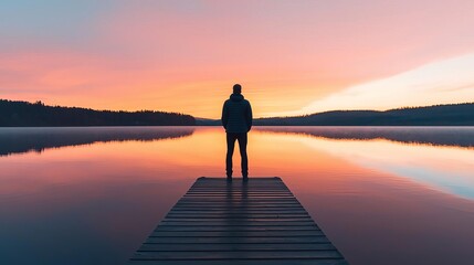 Fototapeta premium A silhouette of a person standing on a dock at sunset, reflecting calm waters and beautiful colors in the sky.
