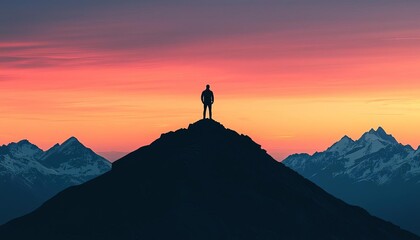 A lone figure stands atop a mountain peak, silhouetted against a vibrant sunset, showcasing the beauty of nature and solitude.