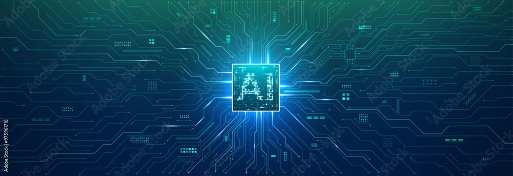 Poster Horizontal technology banner. Abstract tech blue-green background. AI chip or semiconductor in the center of a circuit board. Digital bg. Data and information. Computers concept. Vector illustration.