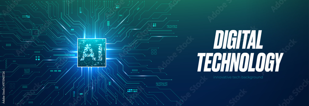 Leinwandbilder AI semiconductor on circuit tech background. AI chip light neon effect. Technology digital bg. Abstract horizontal banner. Artificial Intelligence concept. Blue-green futuristic vector illustration.