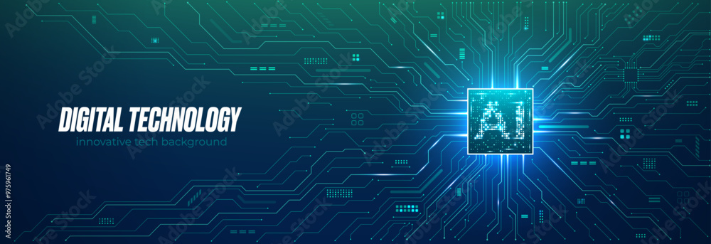 Poster Digital technology background. Blue green tech bg with AI chip and light glowing circuit board. Artificial Intelligence chip concept. Abstract computer electronics web banner. Vector illustration.