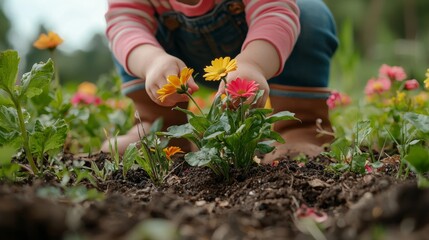 Fototapeta premium Child s Hands Picking Flowers In Garden