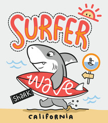 Cute shark cartoon with surfboard on beach isolated on white background illustration vector, for t-shirt print.