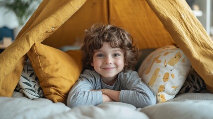 Happy Child Playing in Blanket Tent with Cushions