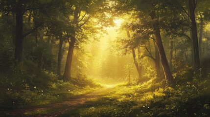 Obraz premium Golden sunlight filters through dense trees, bathing a tranquil forest in warm light, capturing the essence of nature beauty