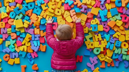 Child Surrounded by Colorful Alphabet Letters