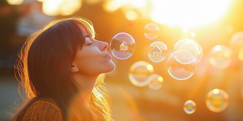 Woman blowing soap bubbles with miniature house models inside, symbolizing dreams of homeownership and fleeting opportunities in real estate, warm outdoor setting, glowing bubbles, copy space, selecti