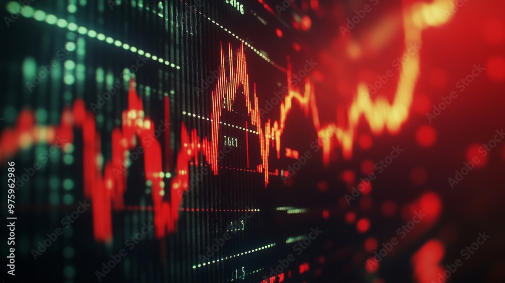 Aufkleber a stock market graph with red and green lines, showing fluctuating trends on a screen. the close-up 