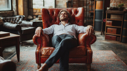 Obraz premium Man Relaxing in Leather Armchair in Vintage Interior