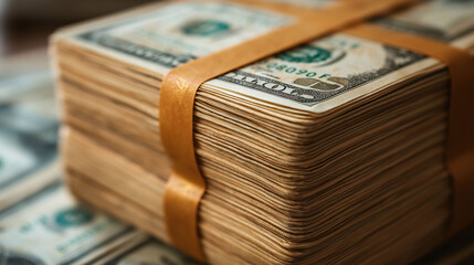 Naklejka premium Stack of US Dollar Bills with Rubber Band