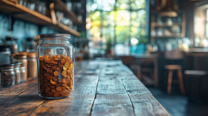 Glass Jar Filled with Gold Coins on Rustic Wooden Table