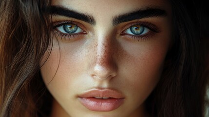 Fototapeta premium A stunning face of a young woman with expressive eyes, long lashes, and natural eyebrows, exuding an effortless beauty and charm.