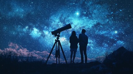 Fototapeta premium Romantic Couple Stargazing with Telescope under Milky Way Night Sky