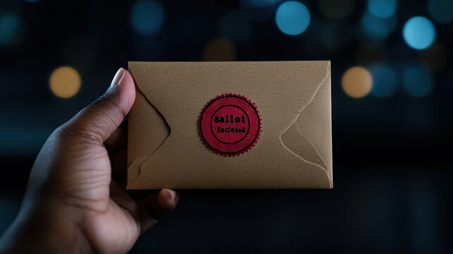 A close-up of a hand holding a brown envelope with the label "Ballot Enclosed," representing mail-in voting and the importance of civic duty.