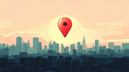 Illustration of a red navigation pin floating over a city skyline, symbolizing mapping, urban exploration, and location-based services.