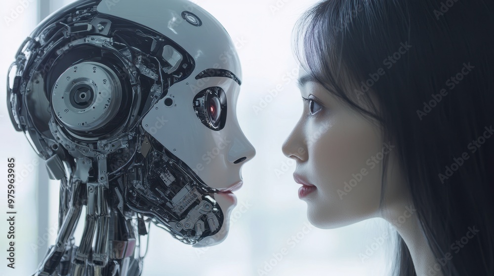 Poster Asian Female Robot Hybrid and Advanced Android Virtual Assistant Collaborating in a Modern Workspace