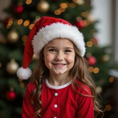 Feste di Natale, bella bambina in costume da Santa Klaus