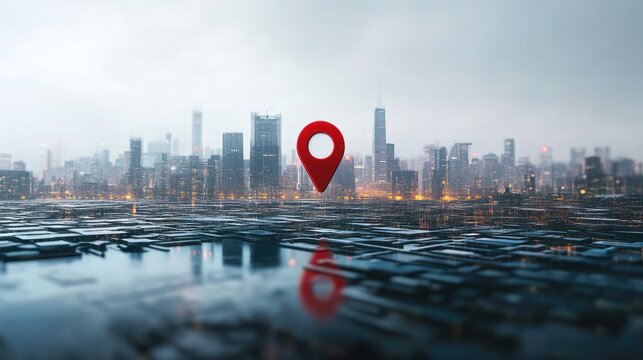 Illustration of a red navigation pin floating over a city skyline, symbolizing mapping, urban exploration, and location-based services.