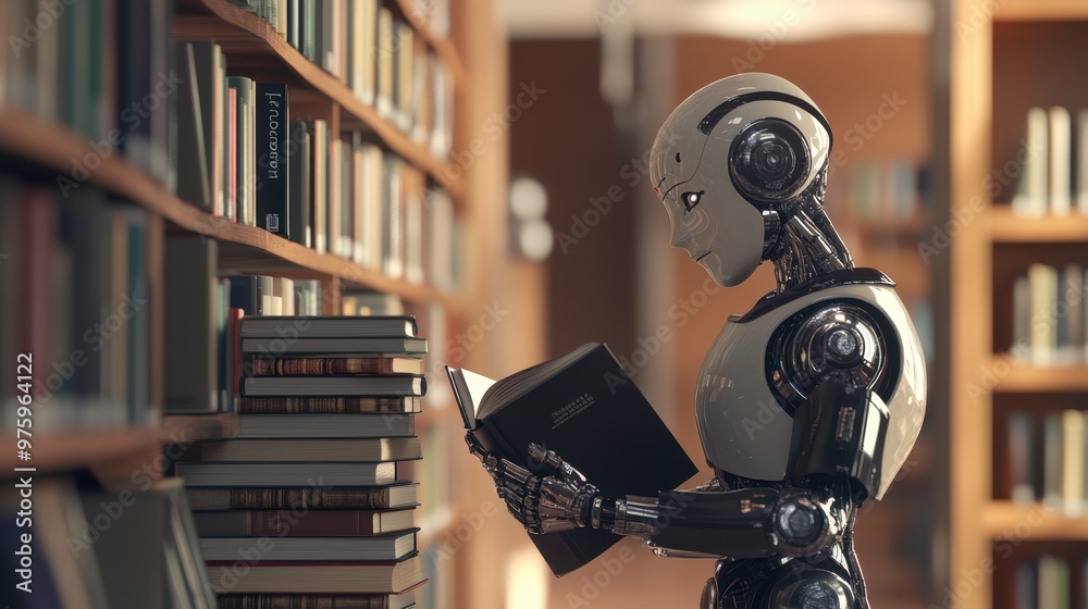 Poster Humanoid Advanced Robot Reading a Book in a Modern Library Filled With Tall Bookshelves