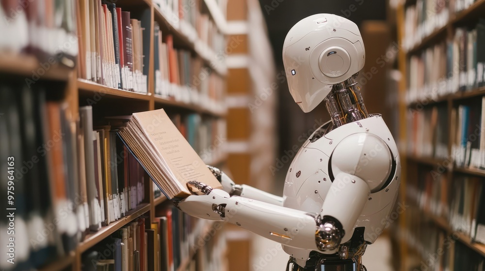 Poster Advanced Android Humanoid Robot Reads Books in a Quiet Library During the Afternoon