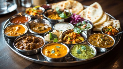 Fototapeta premium A traditional Indian thali with an assortment of curries, dal, roti, and pickles, beautifully arranged on a silver platter, showing the variety and richness of Indian cuisine.