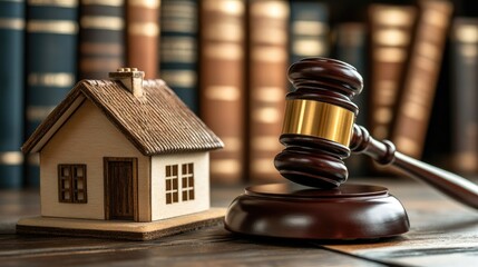 Judge gavel and a small house model on a table, illustrating the legal aspects of real estate transactions