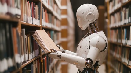 Fototapeta premium Advanced Android Humanoid Robot Reads Books in a Quiet Library During the Afternoon