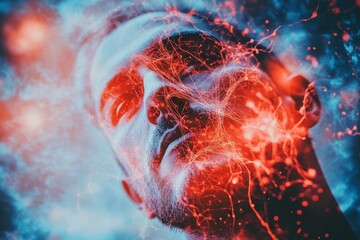 Abstract futuristic figure with a glowing head representing creativity intelligence and the fusion of human thought and digital energy in a dynamic high tech world