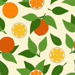 Orange citrus seamless pattern with fruits and leaves