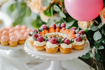 Obraz premium Wedding catering with tartlets, desserts, flowers, balloons, table decorations, and small bouquets, concept of elegant celebration and event planning.