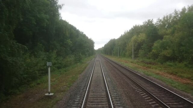 The rails run away into the distance. The Russian Railway. Video footage from the last carriage of the train. Moving backwards. A summer or autumn cloudy day.