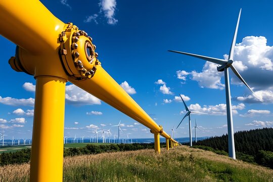 A gas pipeline running alongside wind farms, highlighting the balance between traditional energy sources and renewable energy