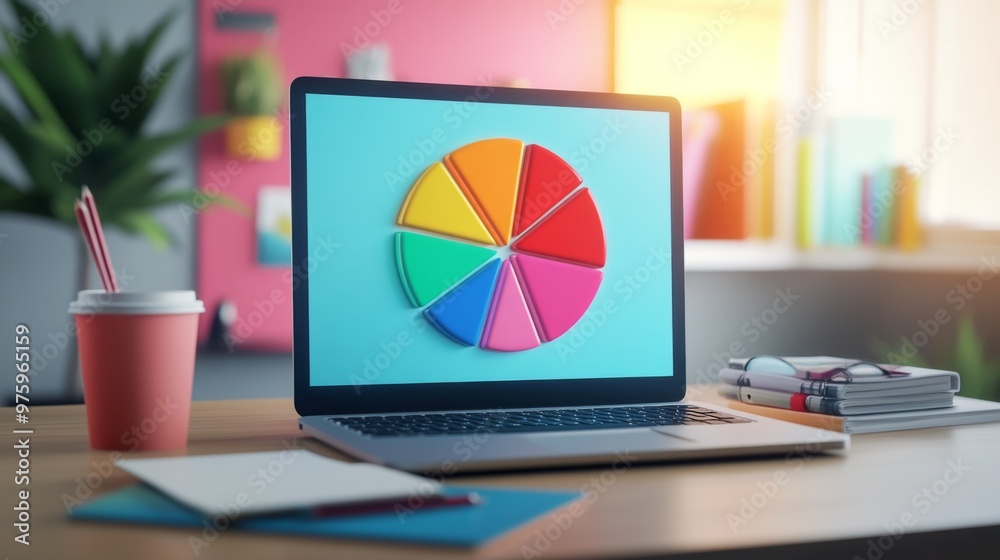 Leinwandbilder a vibrant 3d pie chart displayed on a sleek laptop screen, showing market share distribution with co