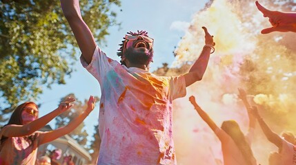 Fototapeta premium Vibrant Holi Festival with Playful Powder Throwing in Sunny Outdoor Setting