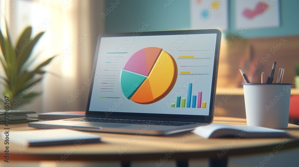Leinwandbilder a vibrant 3d pie chart displayed on a sleek laptop screen, showing market share distribution with co