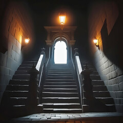 dark stone stairs going down and leading to the gates of hell, road to hell, gates of hell