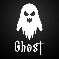 A vector illustration and logo of a white ghost with small, scary teeth set on a black background. Perfect for spooky designs and eerie visuals.