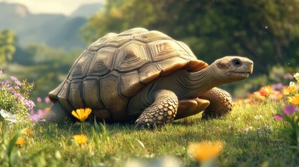 Obraz premium A large tortoise slowly moving across a grassy field, with flowers in the background