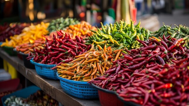 A vibrant market stall overflowing with different types of chili peppers, from mild to fiery hot, attracting food lovers with its colorful display of spices.