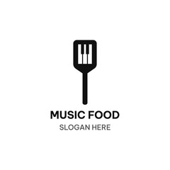 Music food logo template in simple flat style. Spatula and piano vector illustration