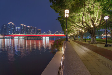 Night View of Guangzhou Pearl River Bridge and City Park