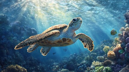 Obraz premium A sea turtle gliding above a coral reef, with sunlight filtering through the water