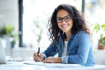Lady with Curly Hair, Pen & Office Desk
