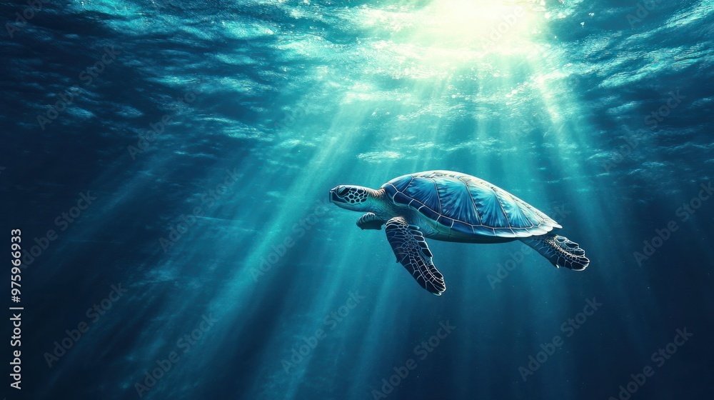 Wall mural a sea turtle gliding through deep blue water, with rays of sunlight shining through the surface