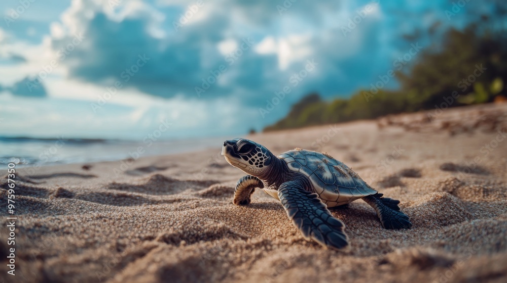Poster A wide-angle view of a sea turtle hatchling making its way from the nest to the ocean, with a focus on the tiny turtle against a sandy beach backdrop.