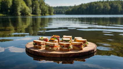 Fototapeta premium Assorted mini sandwiches on a wooden platter, set by a peaceful lakeside with reflections of trees on the water.